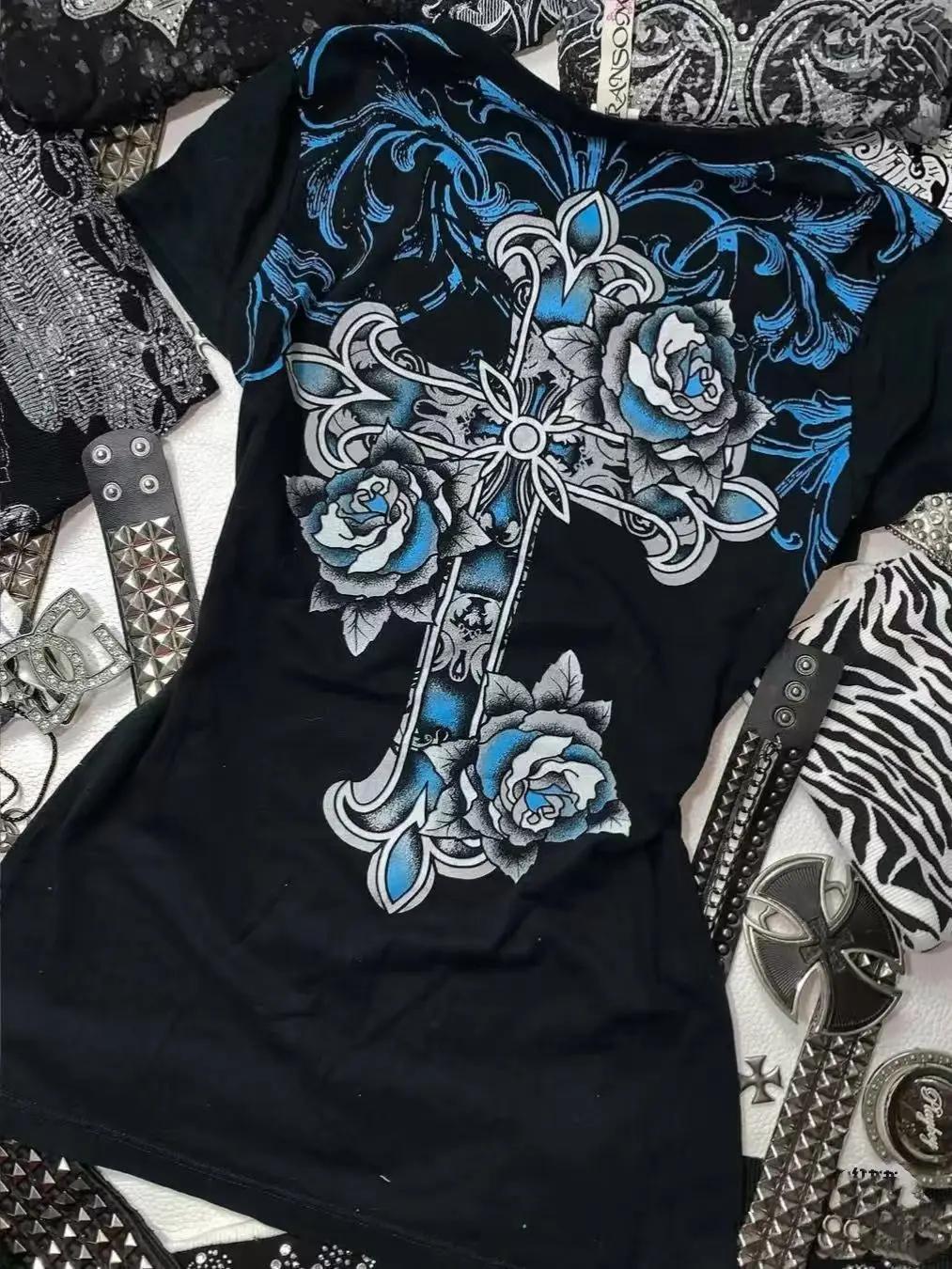 Rock gothique Streetwear lettre croix graphique t-shirts Gyaru 2000s vêtements haut Harajuku femmes