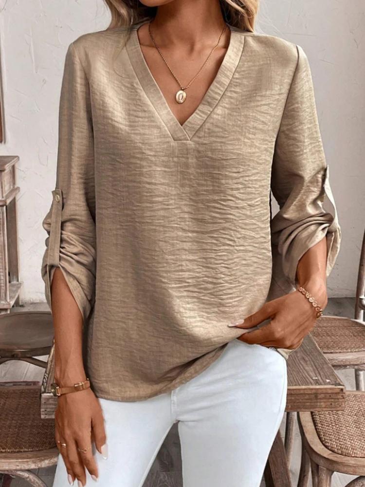 Dames élégant Simple col en v trajet couleur Pure manches à revers décontracté sophistiqué chemise t