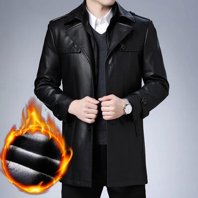 Veste d'hiver en cuir polaire pour hommes, costume d'affaires mi-long décontracté avec col coupe-ven