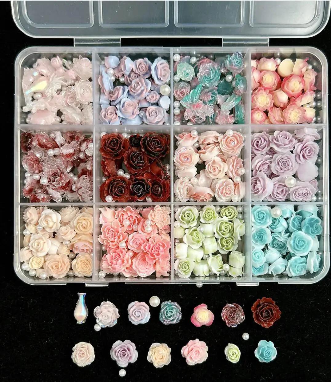 Breloques pour ongles en résine mixte 3D, 12 grilles, fleur de Rose, strass à dos plat, bricolage, d
