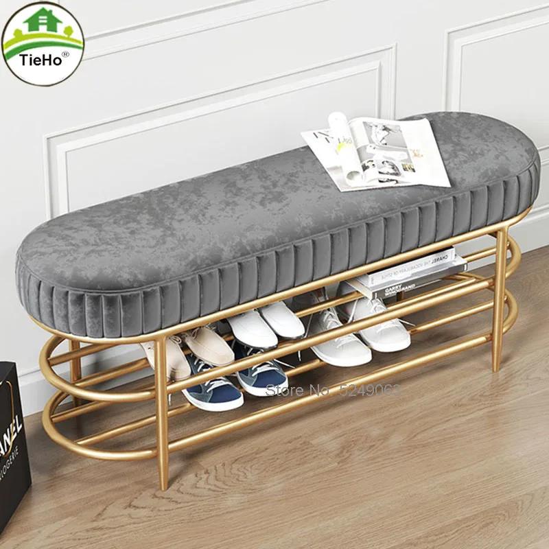 Banc de rangement de chaussures en velours doux 60/80/100CM, meuble à chaussures avec support à 2 ni