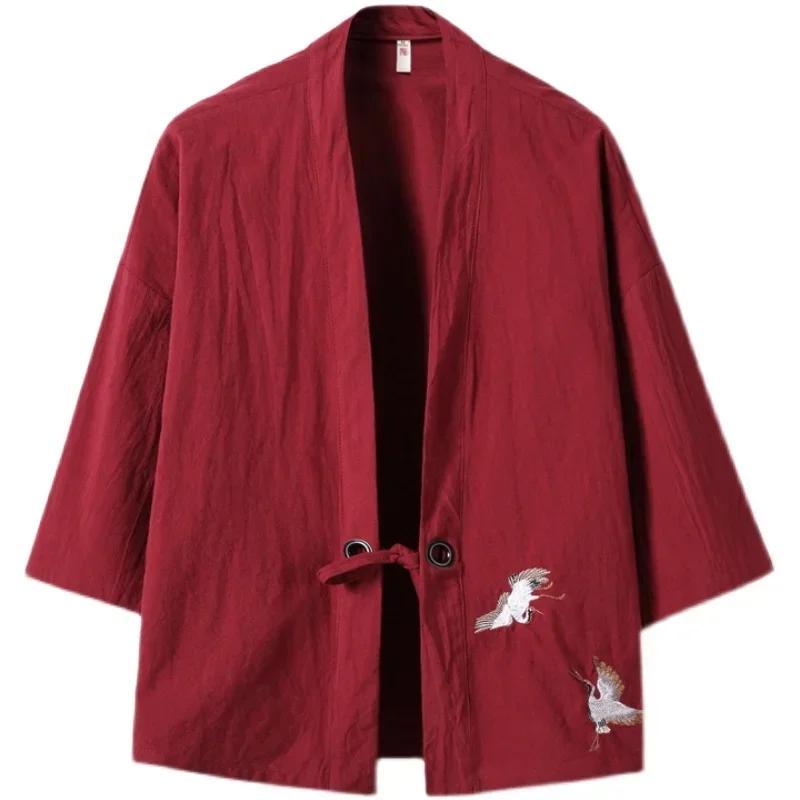 Hommes Kimono grue broderie Harajuku Style japonais Cardigan décontracté coton hommes samouraï Costu