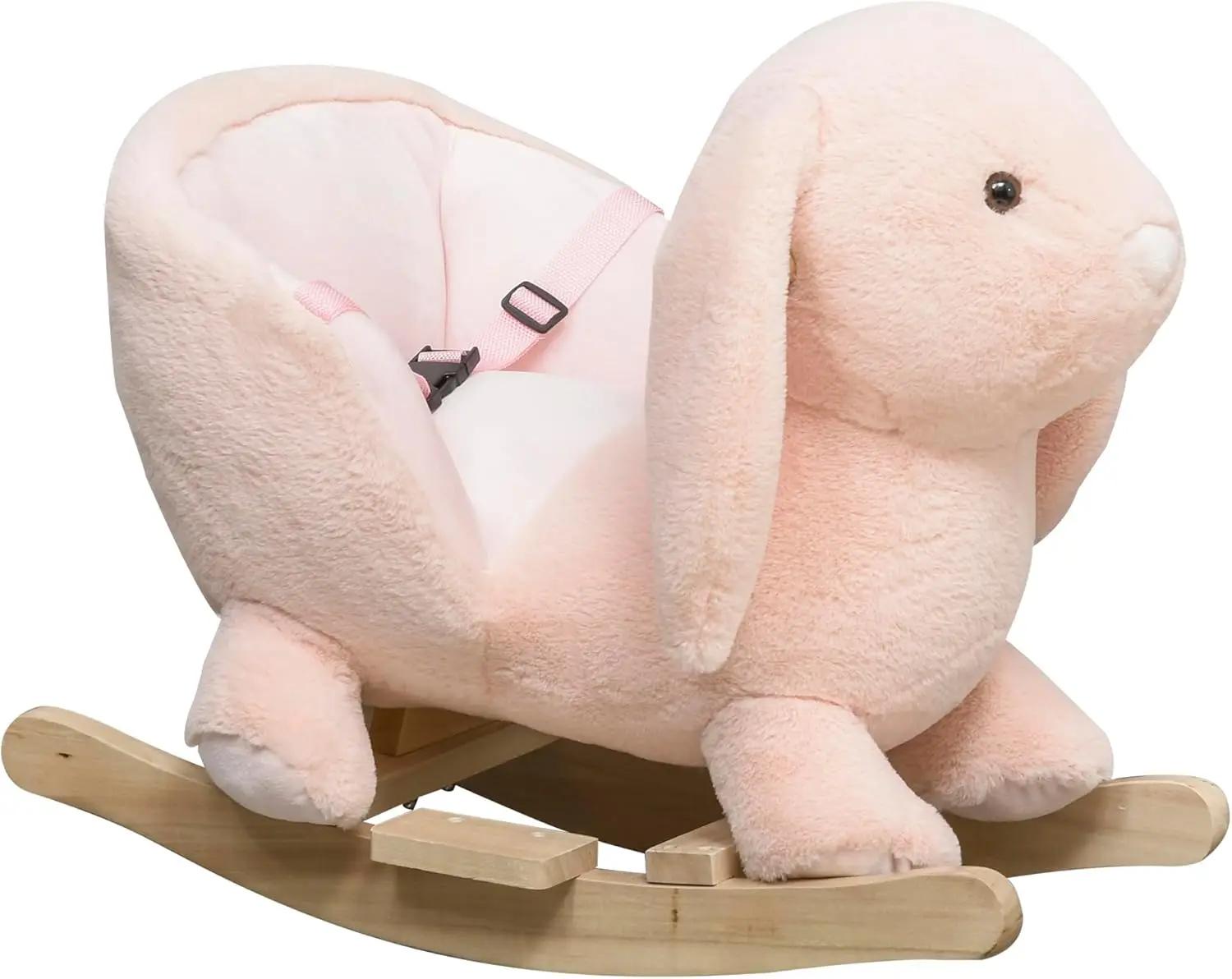 Qaba bébé cheval à bascule, lapin en peluche Animal Rocker avec son simulé, base en bois, ceinture d
