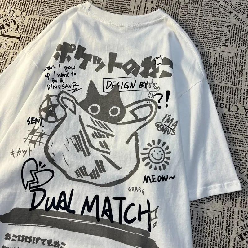 Été japonais rétro poche chat dessin animé imprimé à manches courtes T-shirt hommes femmes Couples u
