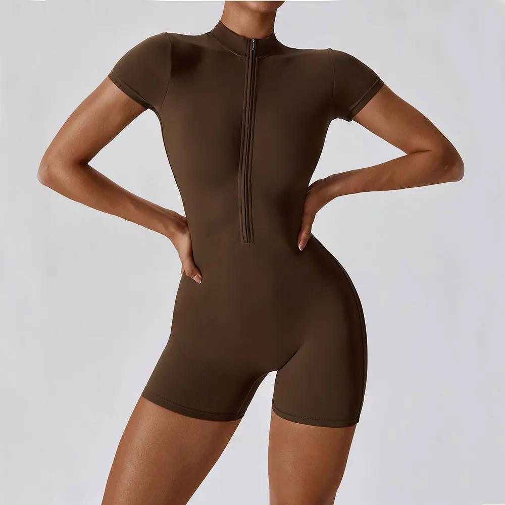 Combinaison de Yoga d'été à manches courtes avec fermeture éclair, tenue de sport, Fitness, body pou