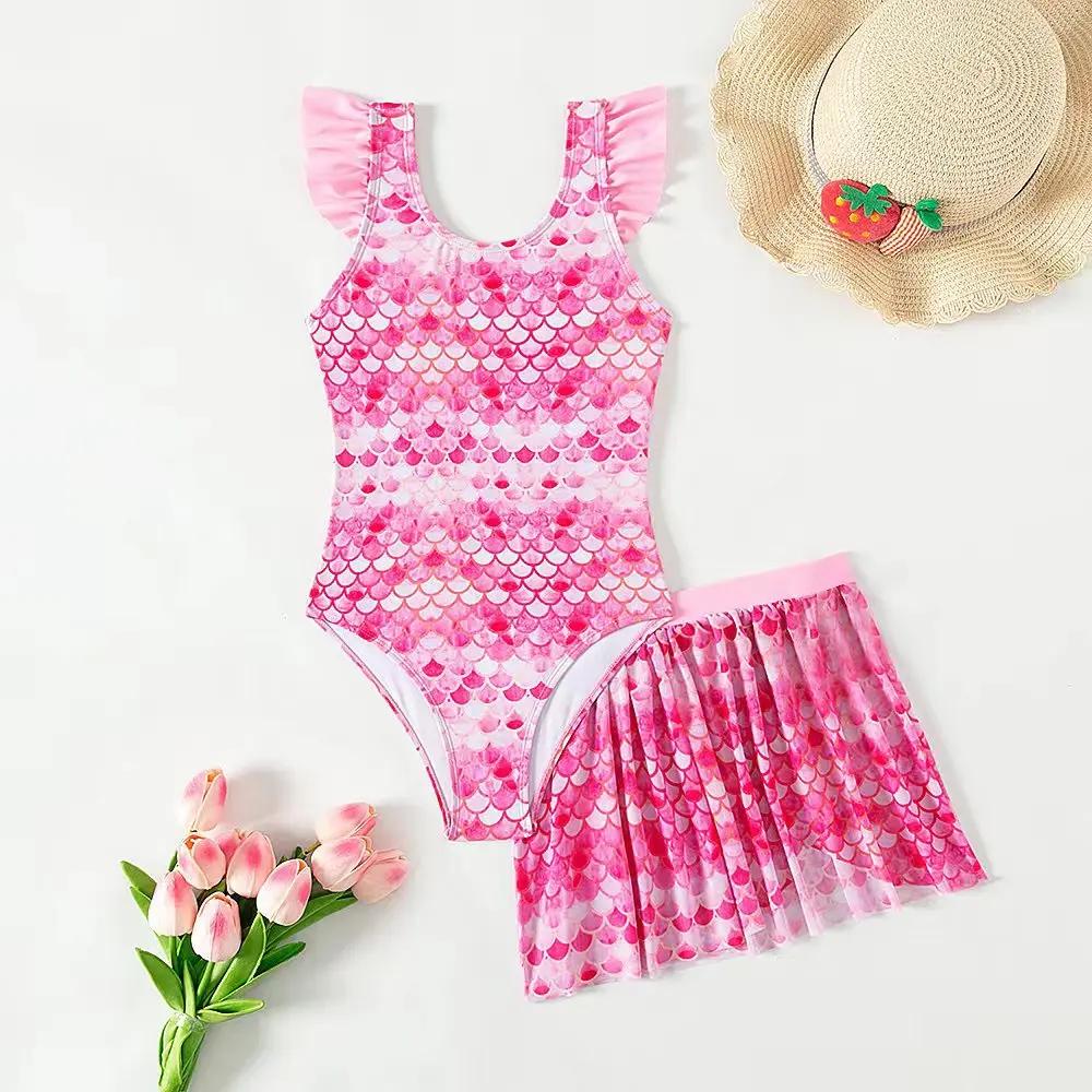 Maillot de bain une pièce avec jupe pour filles - Imprimé sirène rose plage été enfants baignade
