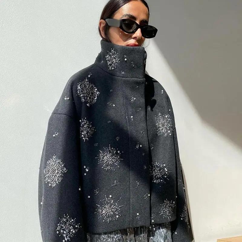 Manteau chic luxueux à perles pour femmes, vêtements d'extérieur en laine, vestes à manches longues,