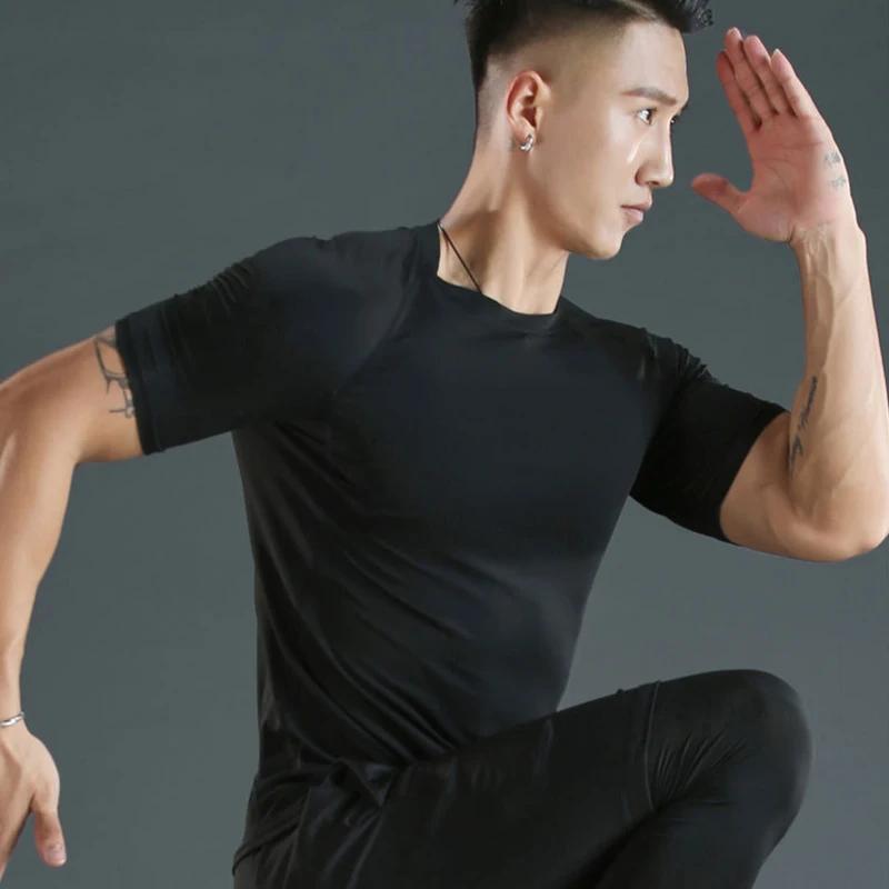 T-shirt de sport à manches courtes pour hommes, séchage rapide, haut de fitness, chemise moulante, e