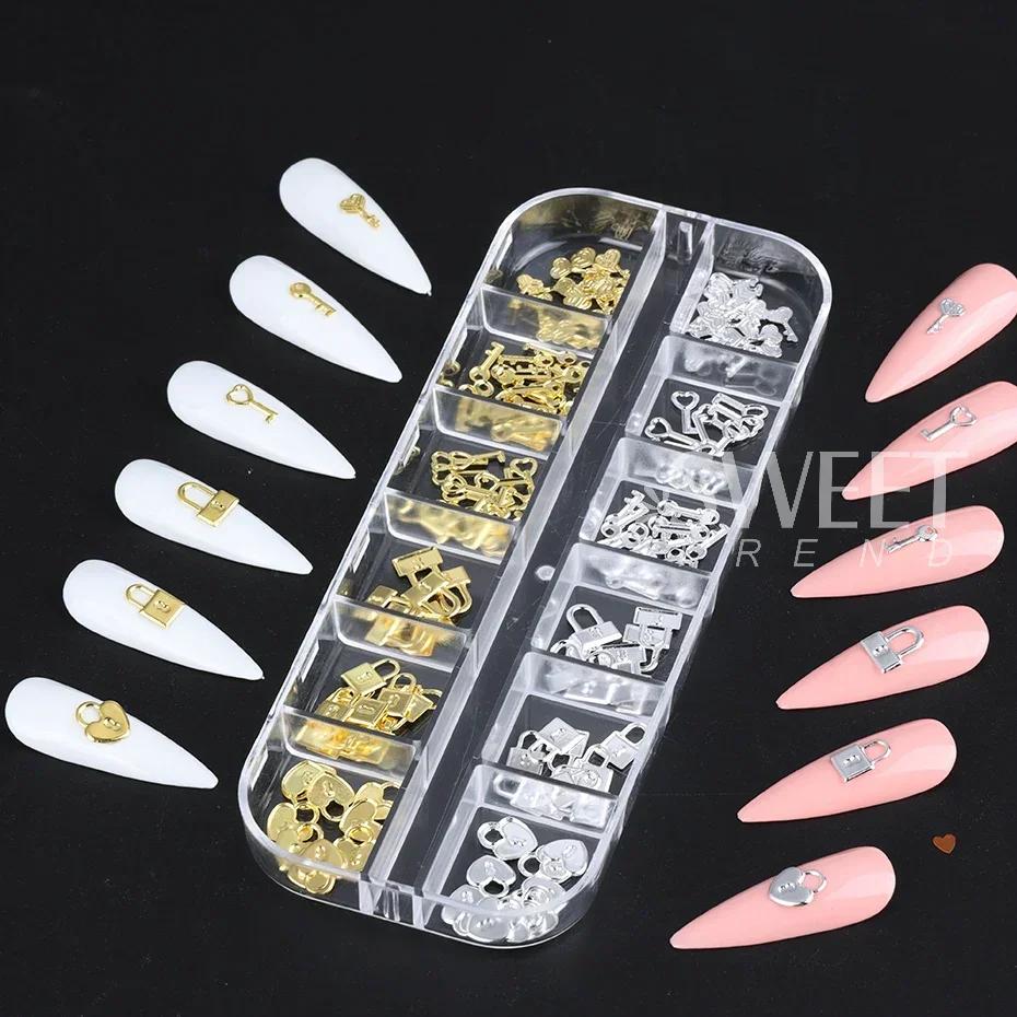 Clé de verrouillage en métal or argent, 12 grilles, pièces de décoration d'ongles, breloques en form