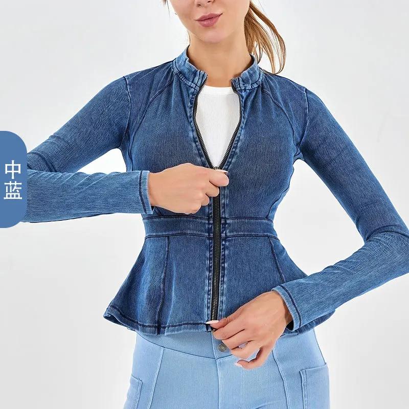 Veste en denim à fermeture éclair pour femme, manches longues, col haut, ourlet trapèze, minceur, yo