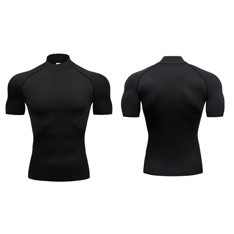 T-shirts à Compression unie pour hommes, T-shirts de course d'été à col roulé, élastiques à séchage