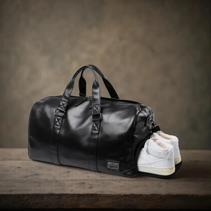 MATE ELAN Sac polochon de voyage en cuir pour hommes, sac étanche vintage avec pochette à chaussures