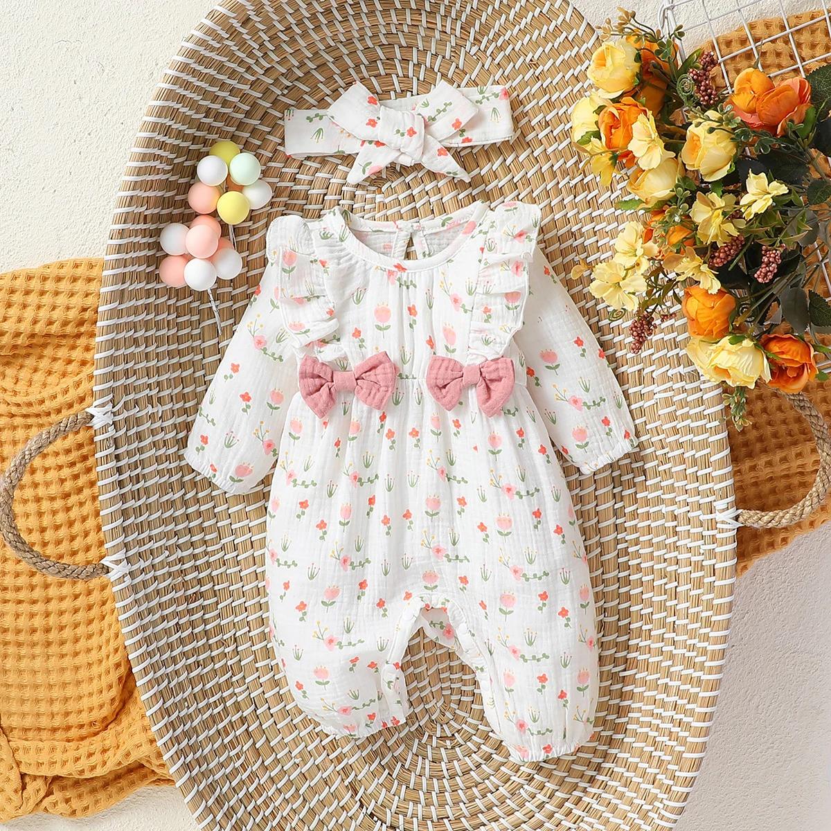 Combinaison quotidienne à manches longues pour bébé fille, imprimé Floral avec nœud, vêtements pour