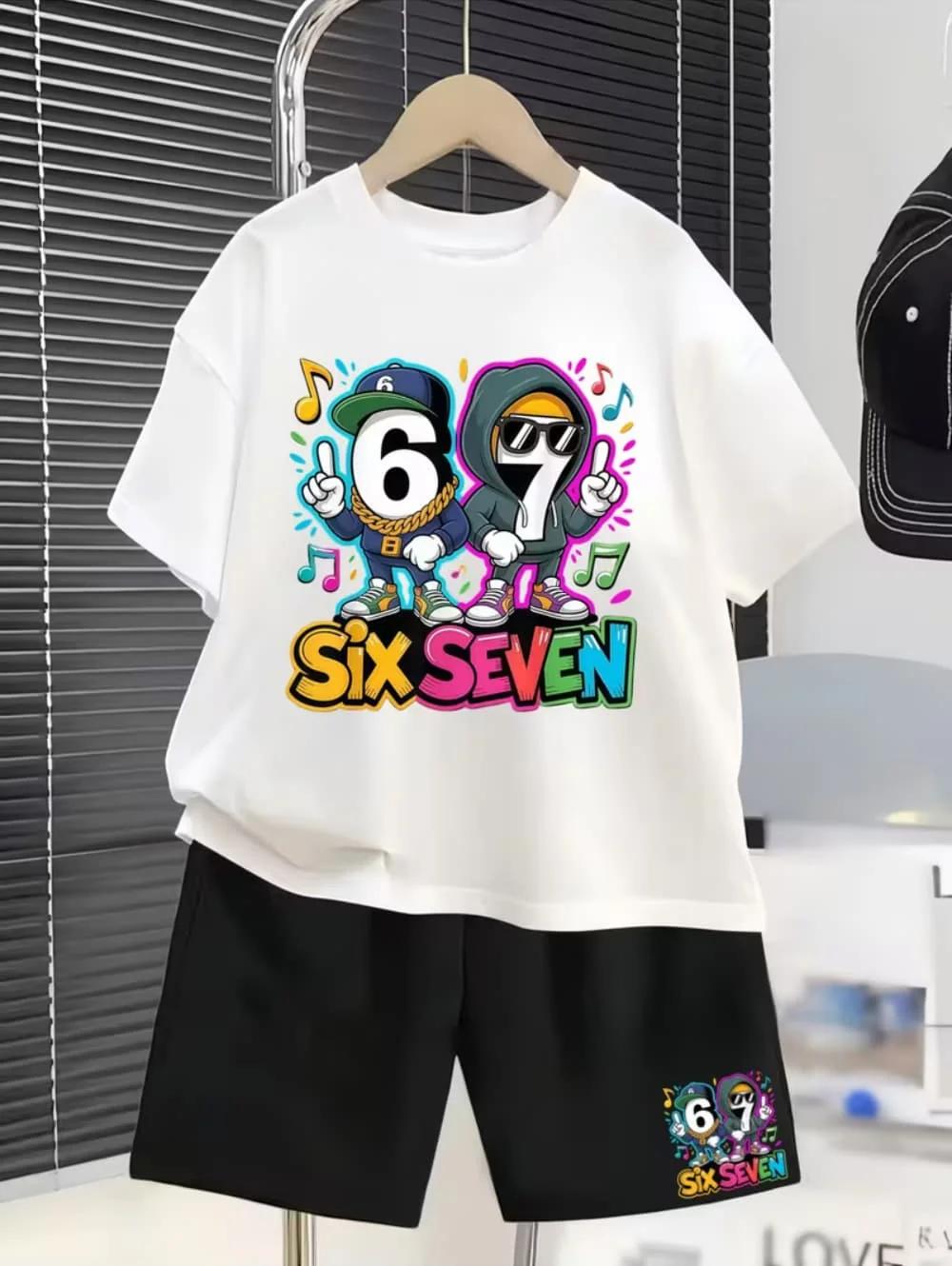 Nouvel ensemble cool 2026 de t-shirt et short pour enfants avec 67 motifs amusants – Vêtements décon