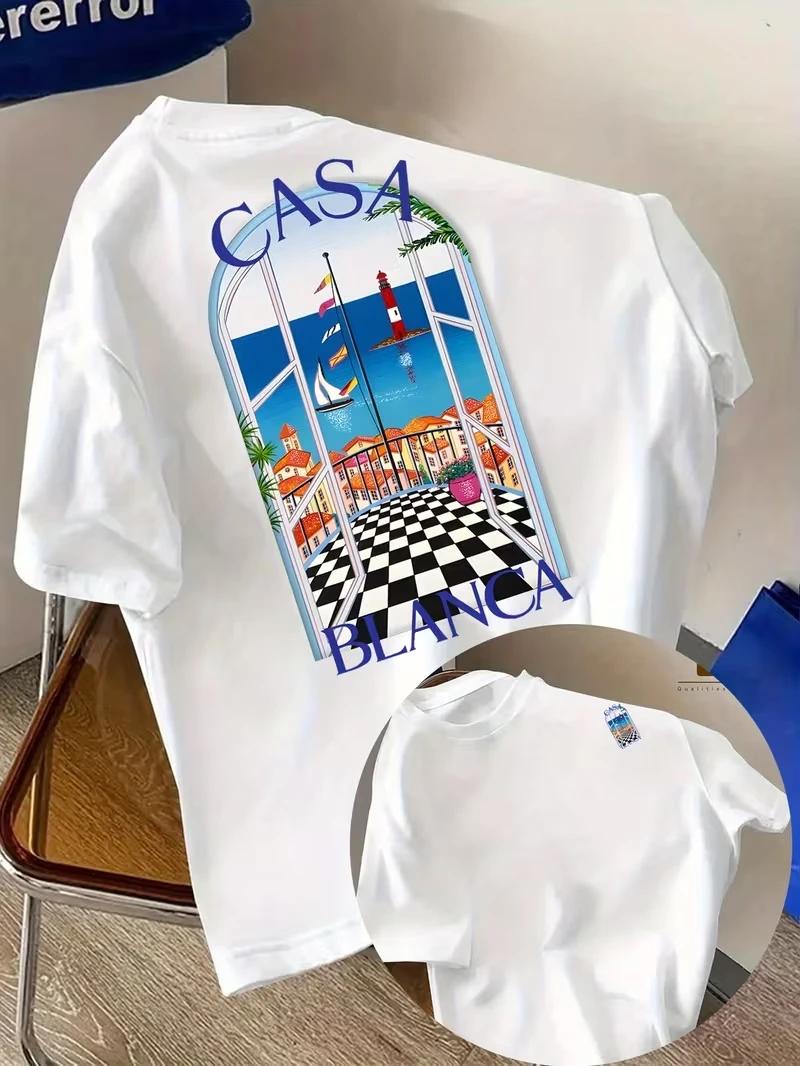 T-shirt graphique architectural esthétique Casablanca, T-shirt décontracté à col rond et manches cou