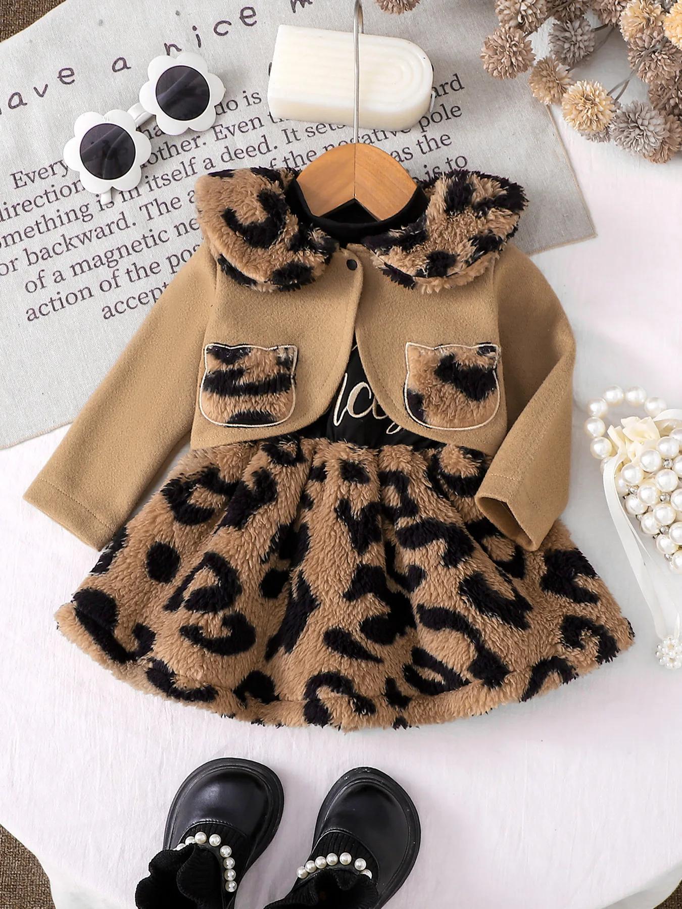 Ensemble robe en peluche à imprimé léopard + manteau court à revers pour bébé fille, ensemble deux p