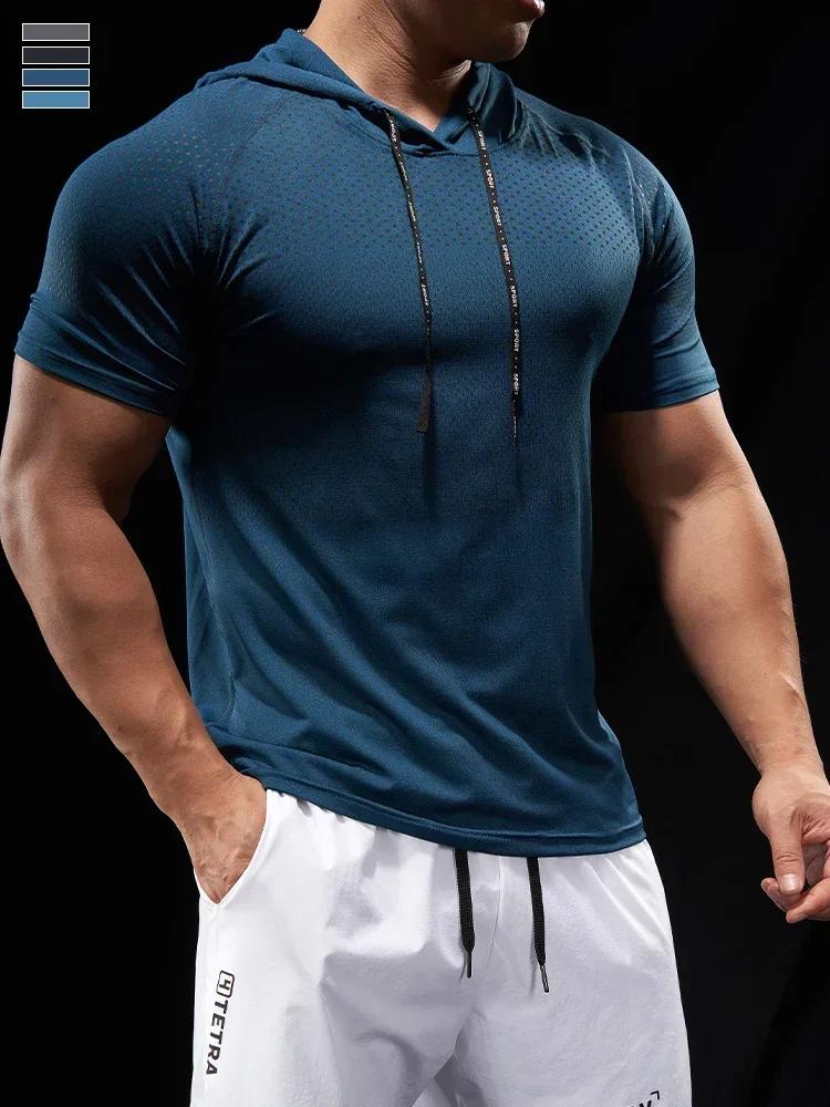 Sweat à capuche homme fitness course musculaire - T-shirt manches courtes cyclisme extérieur