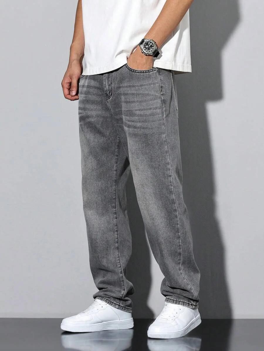 Jean gris slim droit pour hommes, design droit et simple, adapté à un usage quotidien en toutes sais