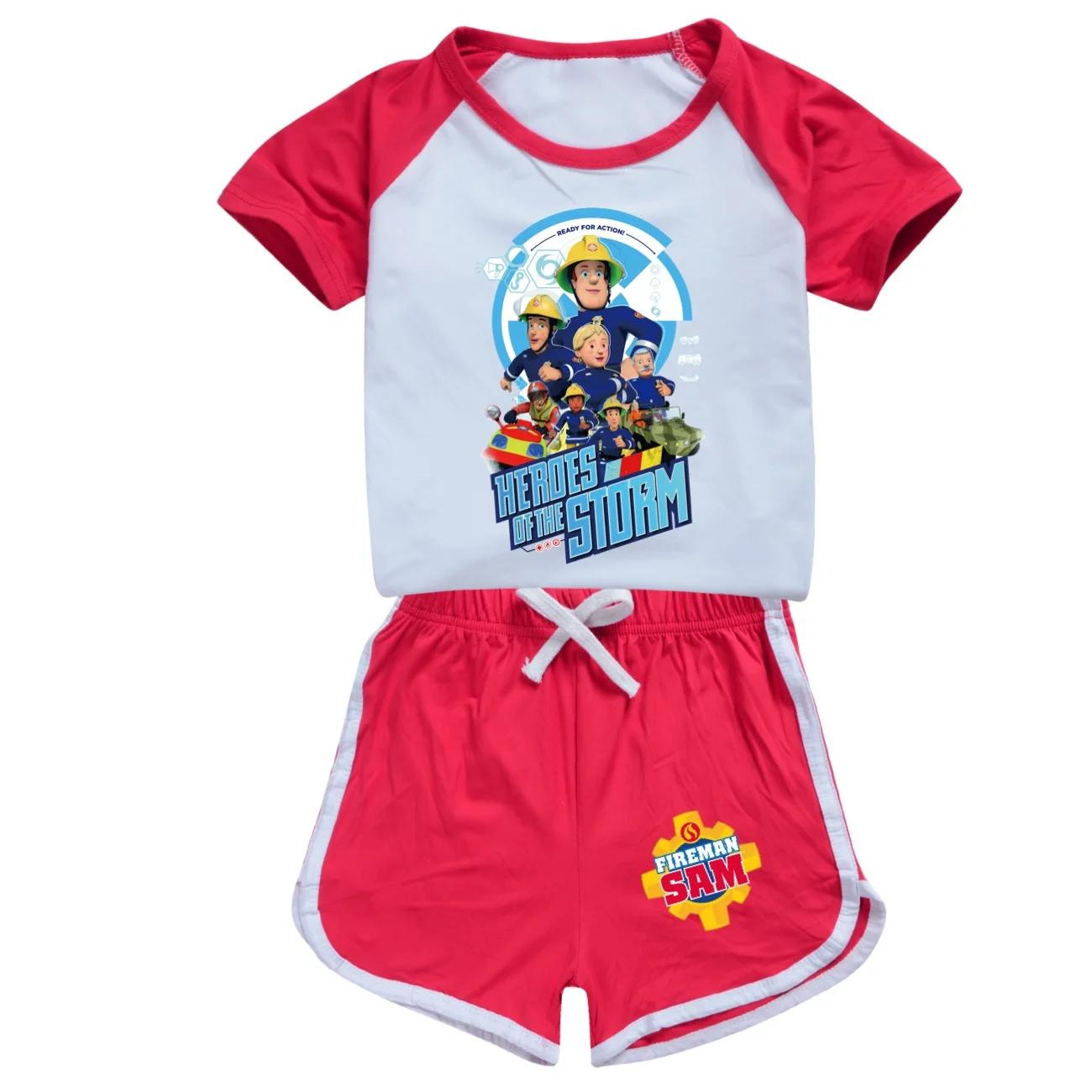 Ensemble de survêtement à manches courtes pour enfants, vêtements Sam le Pompier, tenues d'été pour