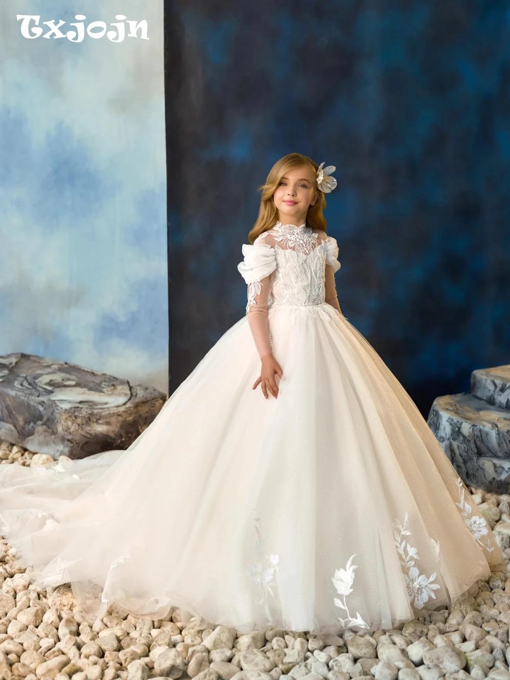 Robes blanches élégantes en dentelle pour filles, avec des Appliques de fleurs, des perles brillante