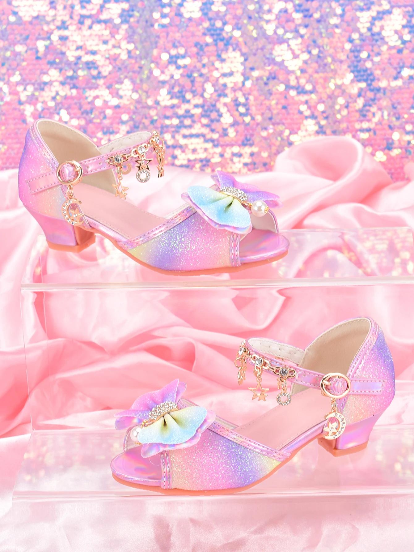 Chaussures à talons hauts à paillettes arc-en-ciel pour filles, sandales de fête pour spectacle de d