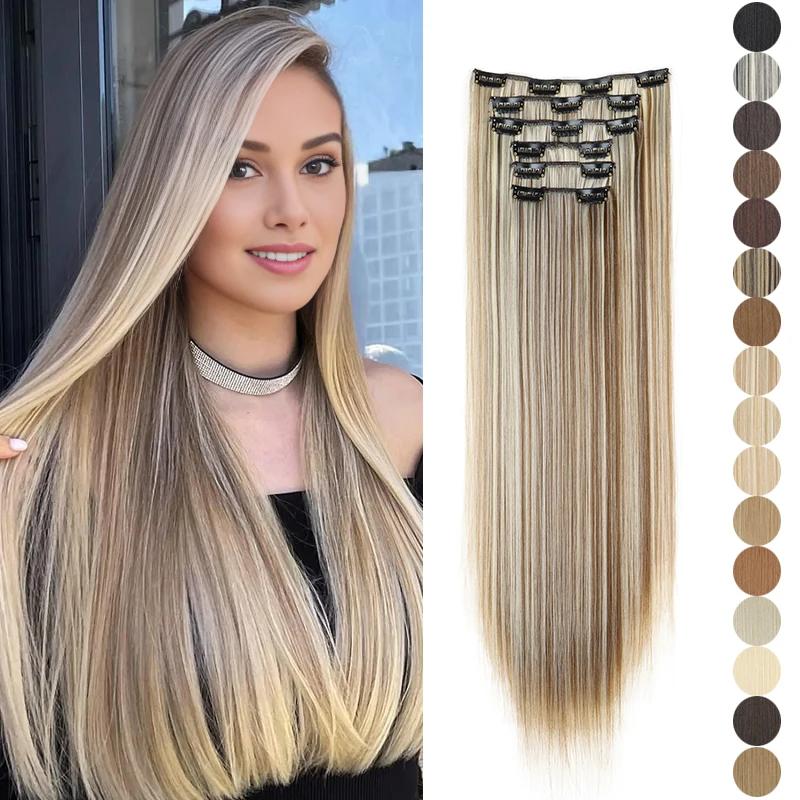 Extensions capillaires synthétiques 24 pouces, 16 Clips, coiffure longue et lisse, postiche Blonde n