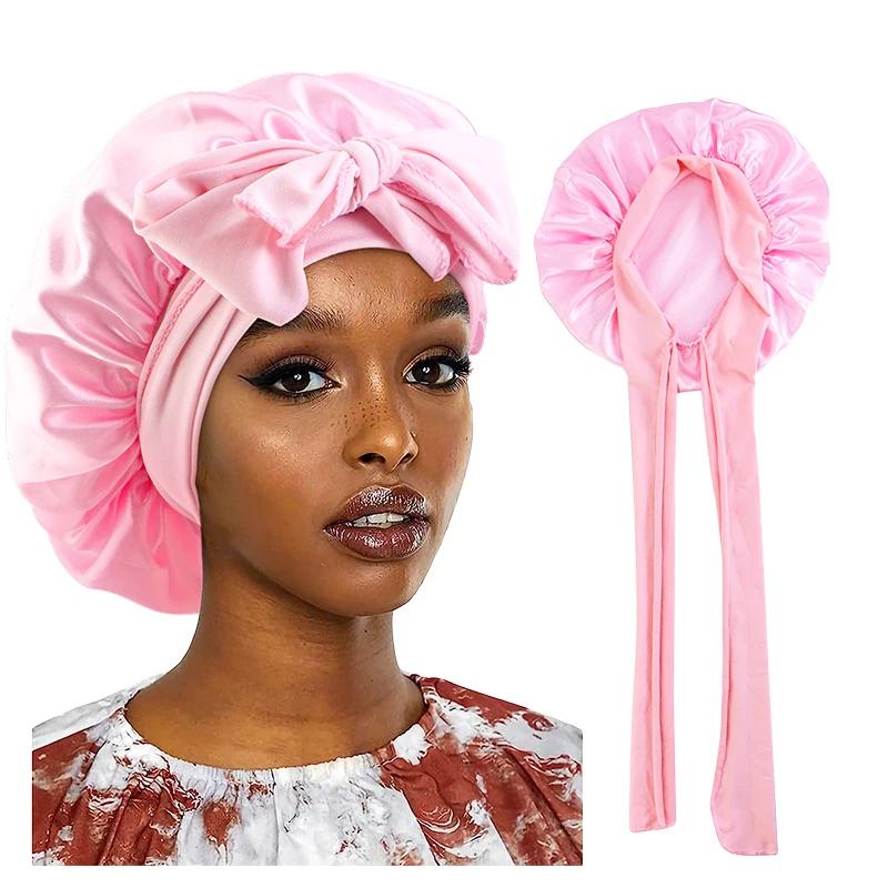Nouveau Bonnet de couchage en Satin pour femmes, solide, large bande, cravate de tête extensible, Bo