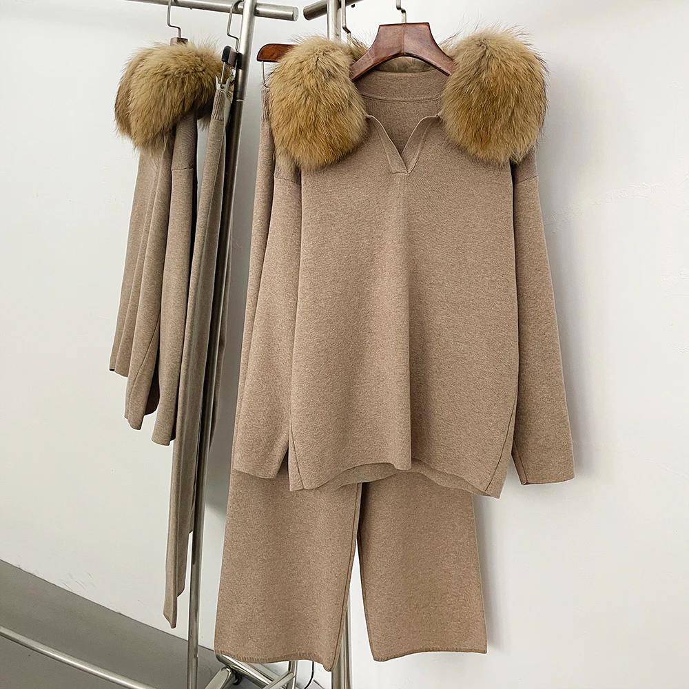 Réalité fourrure veste pull ensemble femme printemps tricoté costume tricots femme réel renard col d