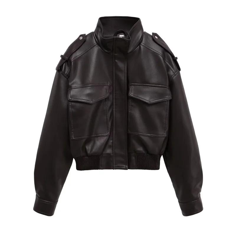 ETJ 2025 Nouvelle collection femme : veste courte moto col montant Y2K grande poche veste en simili