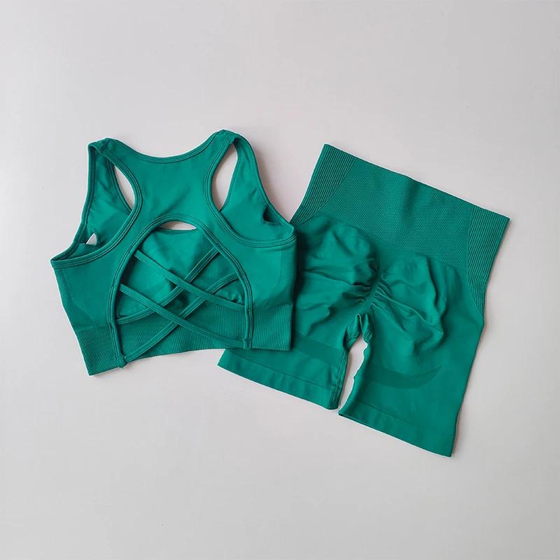Ensemble fitness femme taille haute levage hanches - Soutien-gorge sport et short yoga dos nu