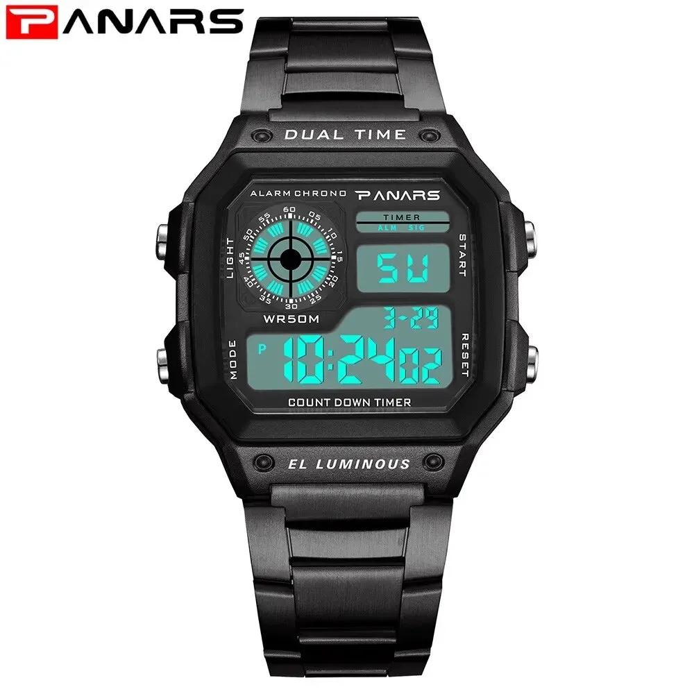 PANARS-Montre-bracelet de sport numérique étanche pour homme, bracelet en acier inoxydable, rétro-éc
