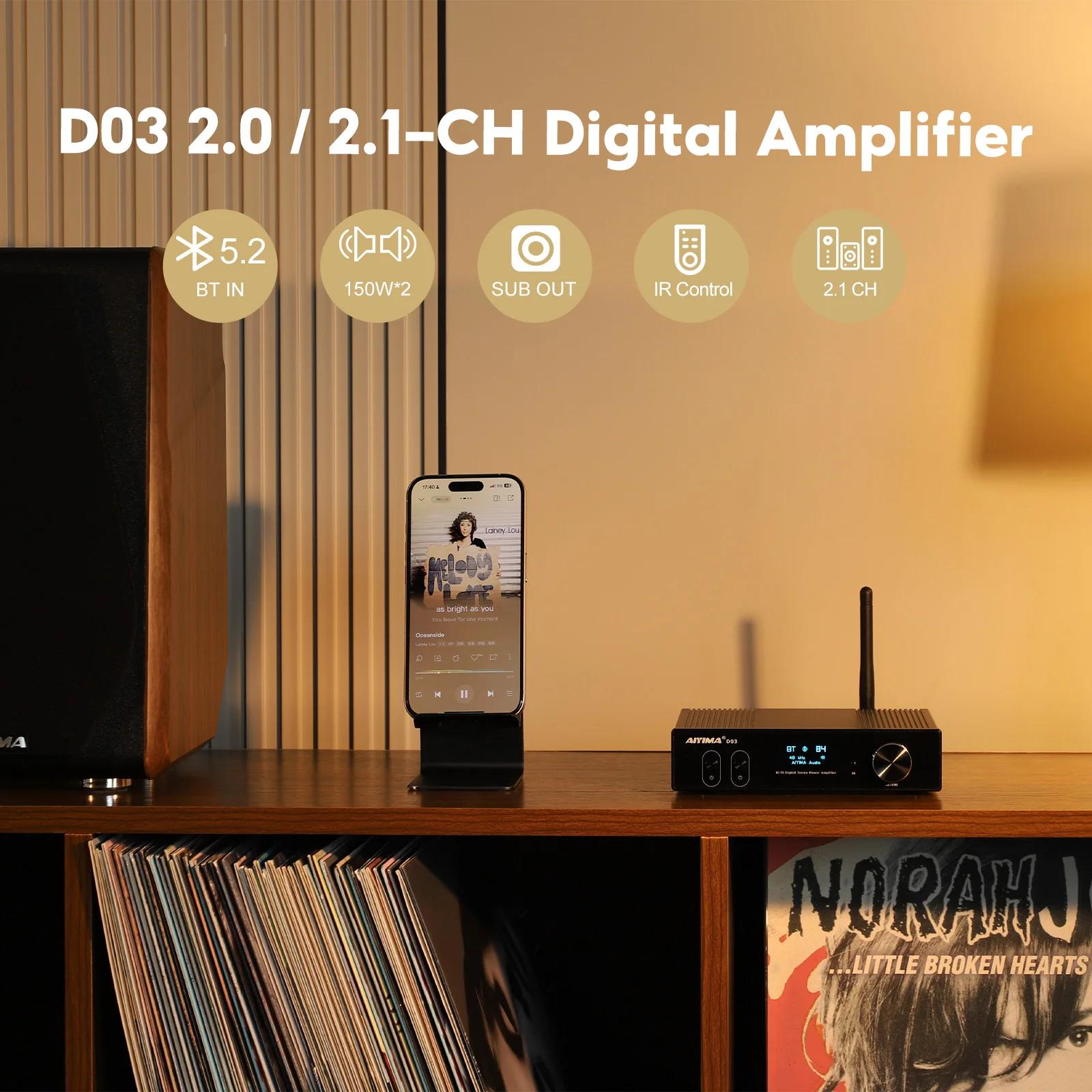 Amplificateur Bluetooth AIYIMA D03 150Wx2 Stéréo HiFi Amplificateur de son Subwoofer USB DAC OLED AP