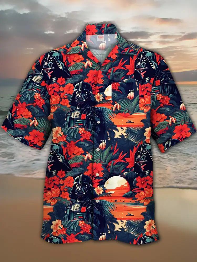 Chemise hawaïenne à manches courtes et col rabattu, imprimé floral tropical et espace de science-fic