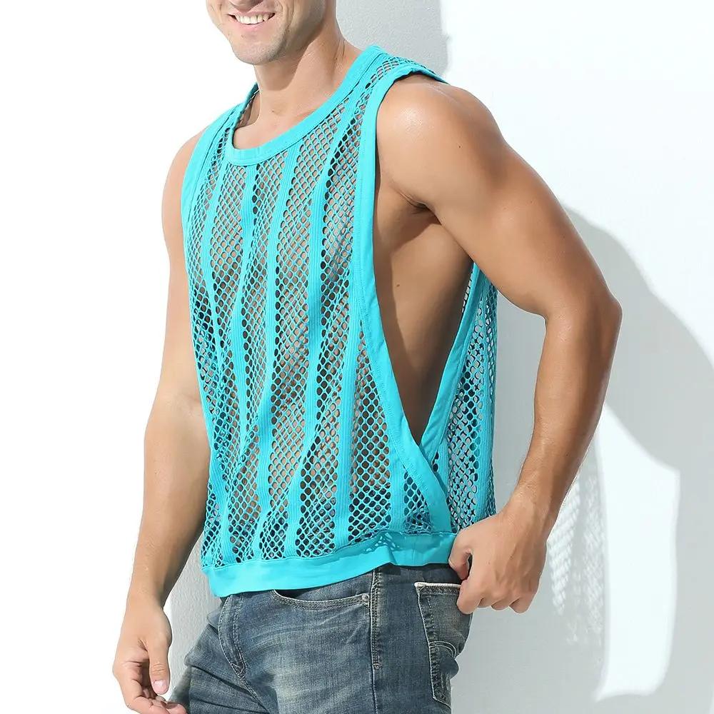 Hommes maille pure gilet musculation course débardeurs Sexy résille Fitness vêtements de sport Muscl