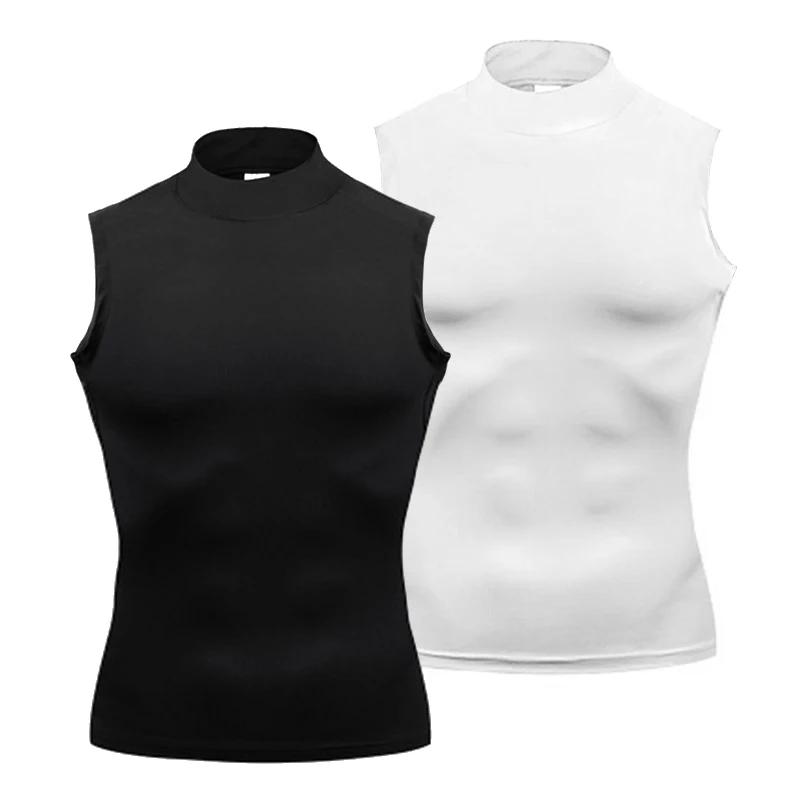 T-shirts sans manches pour hommes, col roulé, chemise de Compression élastique à séchage rapide, déb