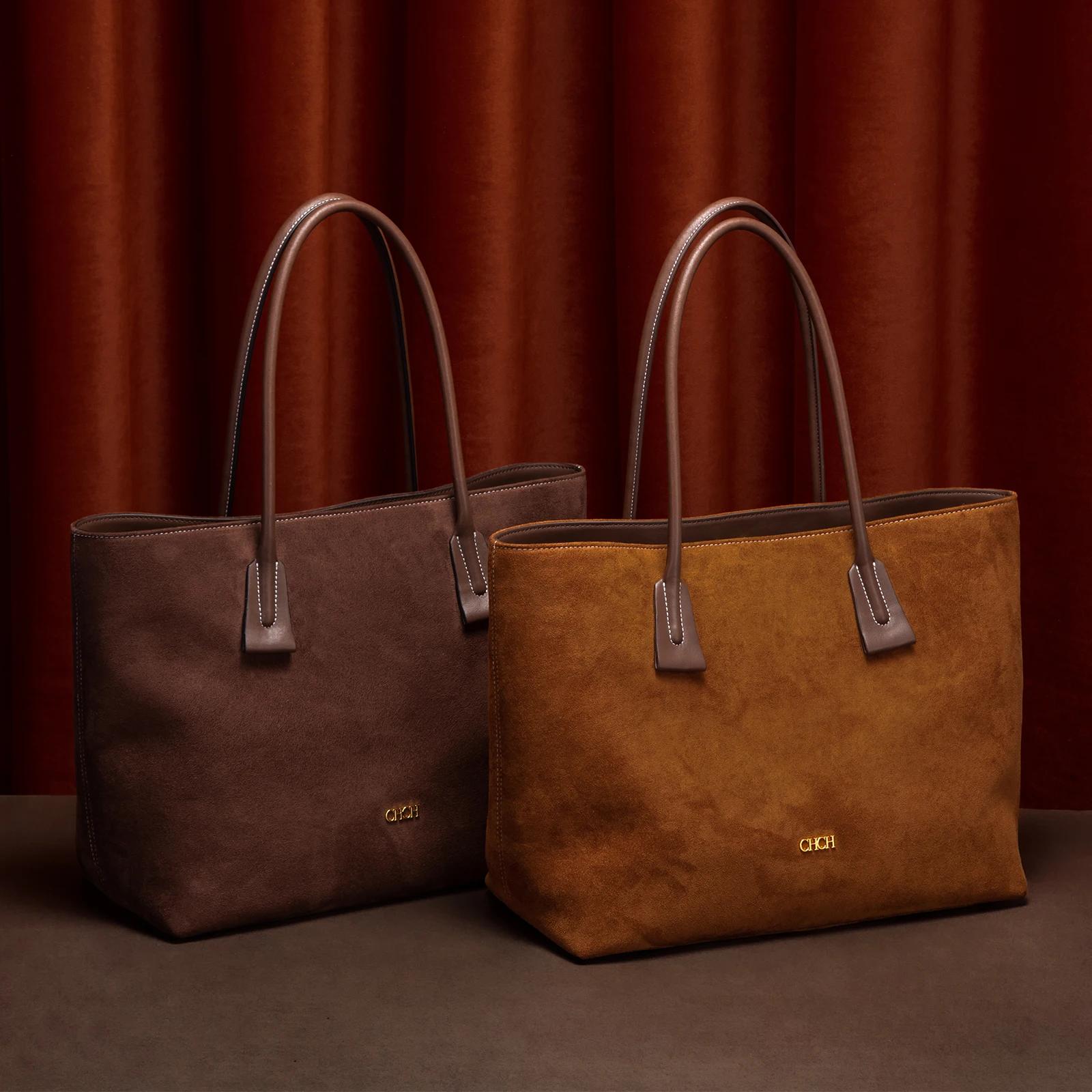 Sac fourre-tout CHCH pour femme, collection Printemps 2026, marron velours, grande capacité, sac à m