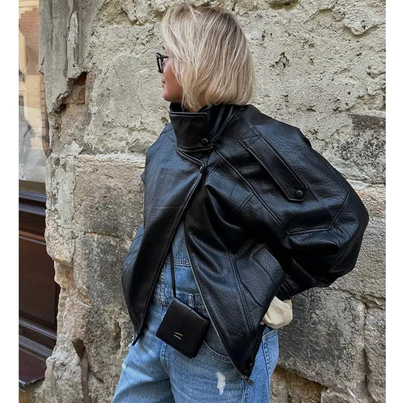 MUJER vestes en simili cuir noir pour femmes vêtements d'extérieur bureau femmes Bomber veste bouton