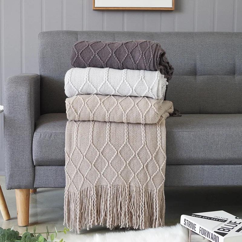 Couvertures tricotées nordiques avec glands, kaki crème gris, couvertures Vintage de luxe pour lit,
