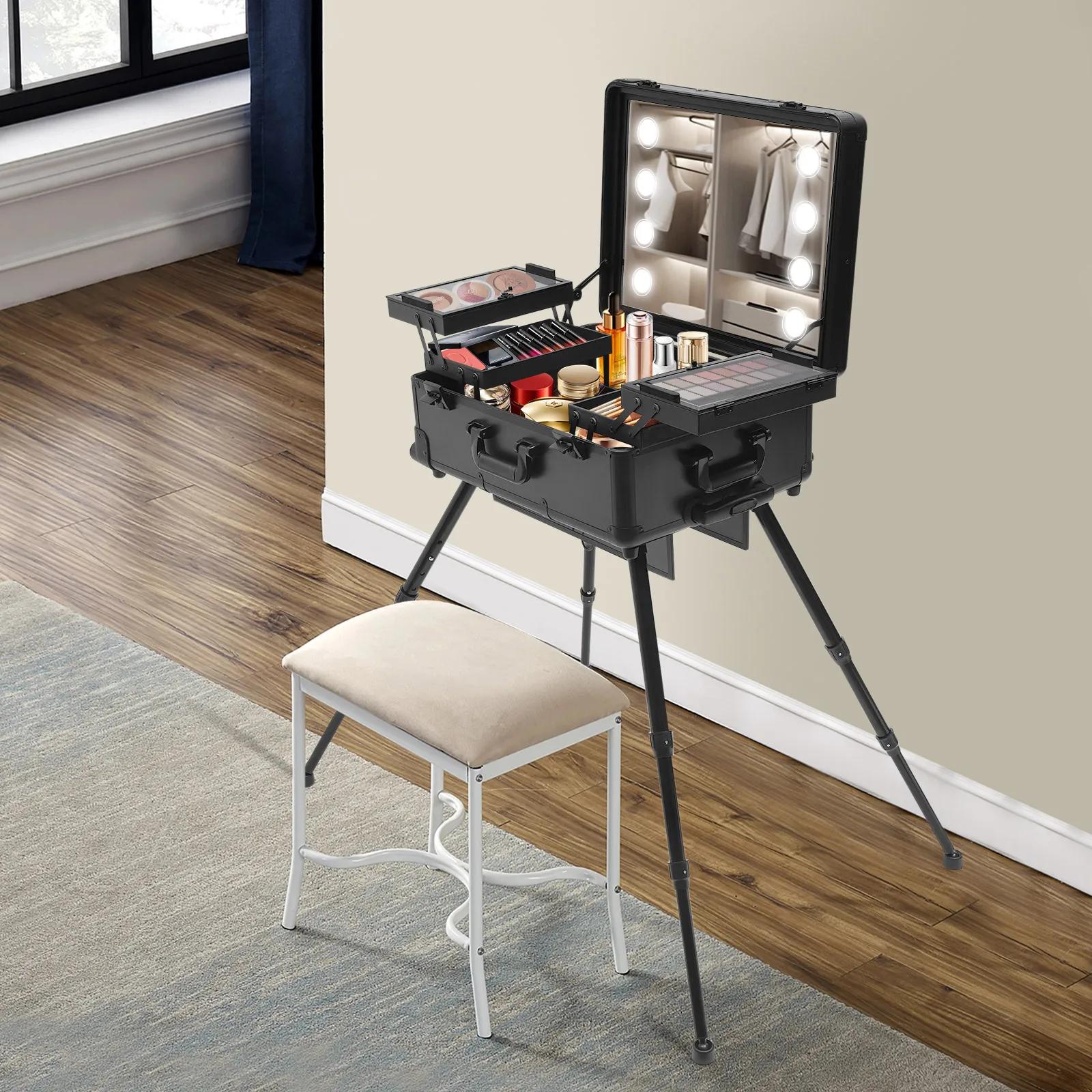 Mallette de maquillage roulante avec 8 lumières LED 5W, organisateur de rangement de grande capacité