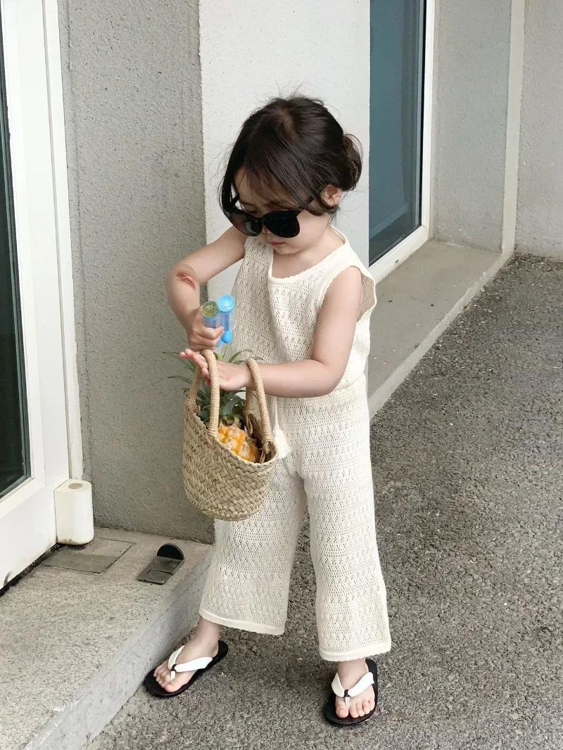 Ensemble de vêtements d'été pour filles, tricoté fin coréen, gilet ajouré et respirant + pantalon à