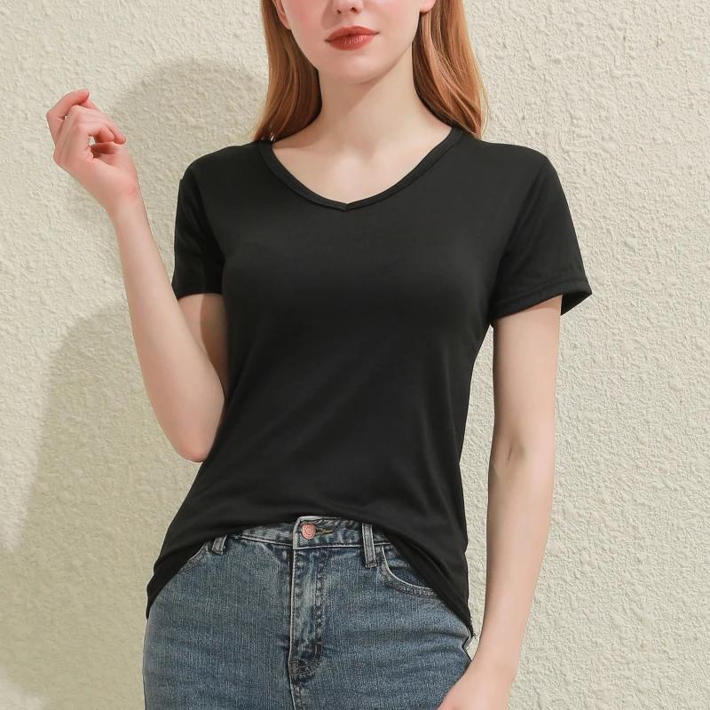 T-shirt manches courtes col en V pour femme, en coton, uni, slim, blanc et noir, décontracté