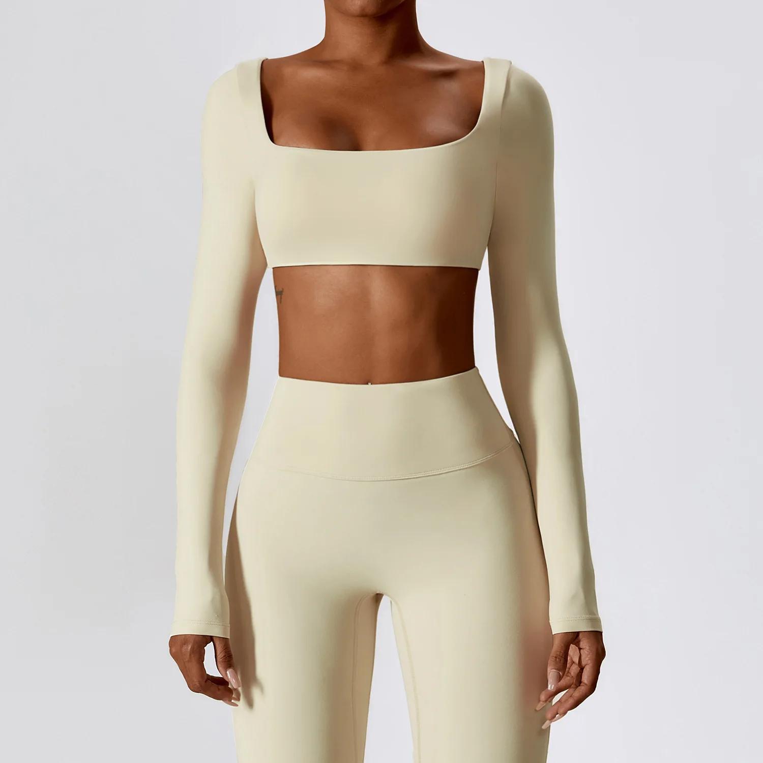 Crop top yoga femme manches longues - Haut sportif sexy nombril exposé séchage rapide fitness