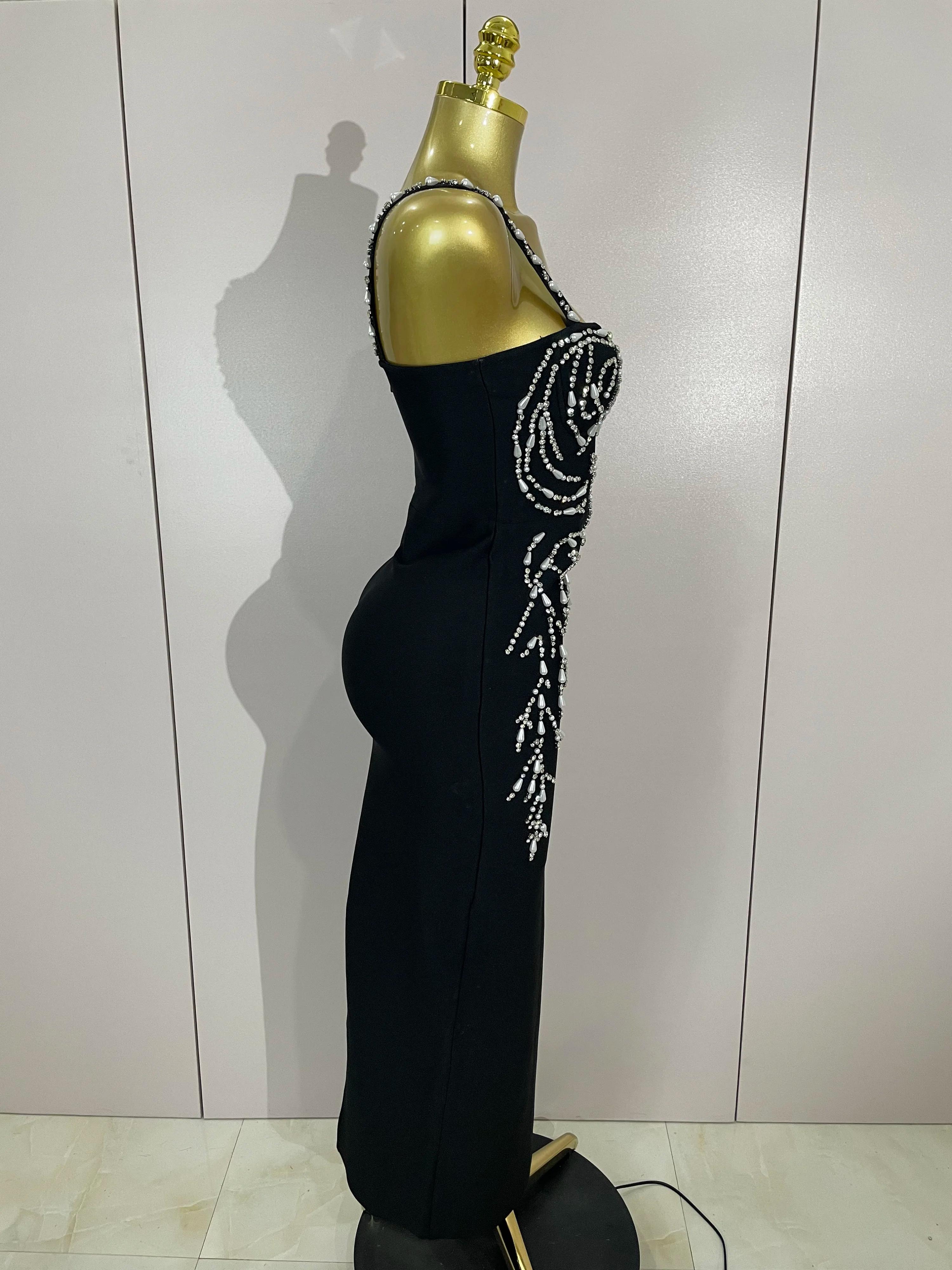 2025 Nouveau Sexy Dos Nu Noir Perles Longue Moulante Bandage Robe Femmes Célébrité Élégant Soirée Cl