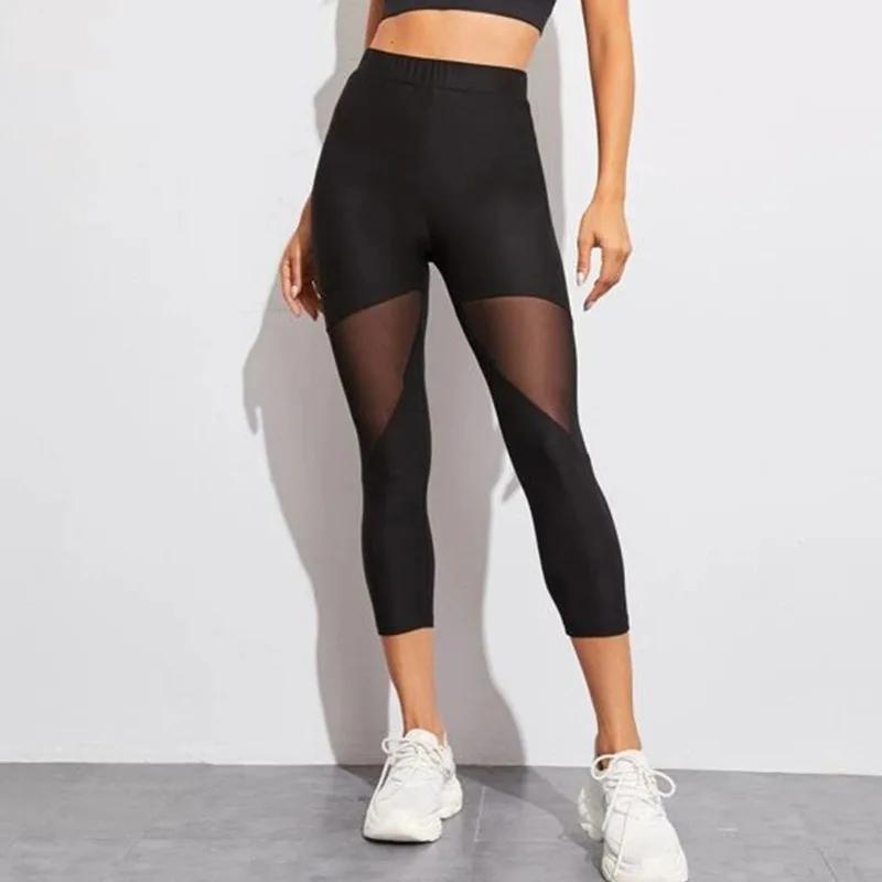 Leggings en maille patchwork noir pour femmes, pantalon élastique, capri, leggings de fitness