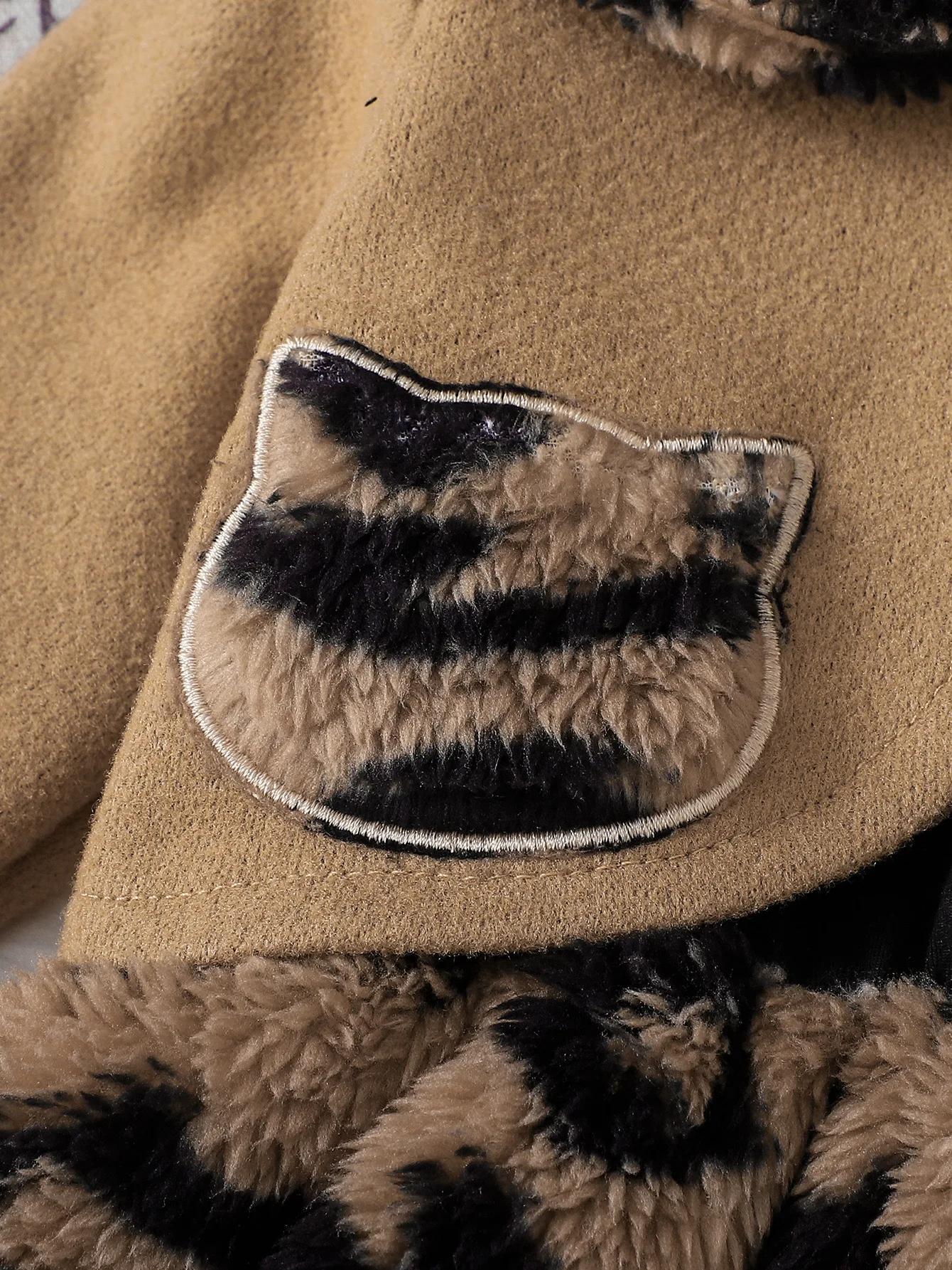 Ensemble robe en peluche à imprimé léopard + manteau court à revers pour bébé fille, ensemble deux p