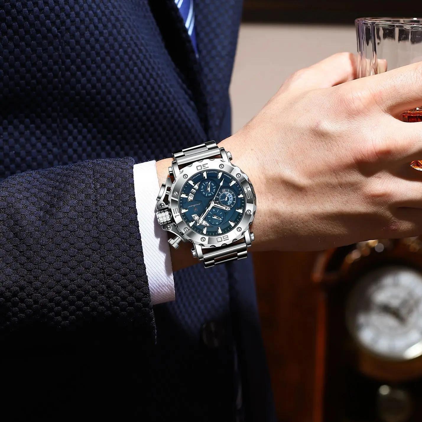 POEDAGAR montre pour hommes de luxe calendrier lumineux étanche homme horloge chronographe en acier