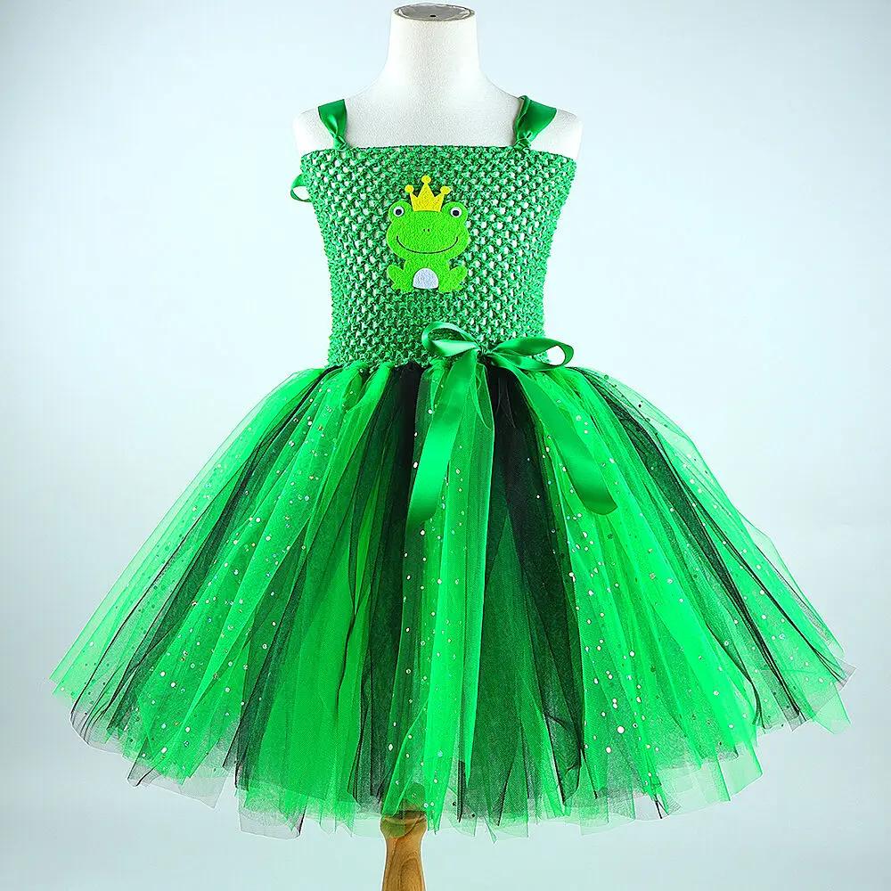 Robes de princesse grenouille verte scintillante pour petites filles, déguisement d'anniversaire pou