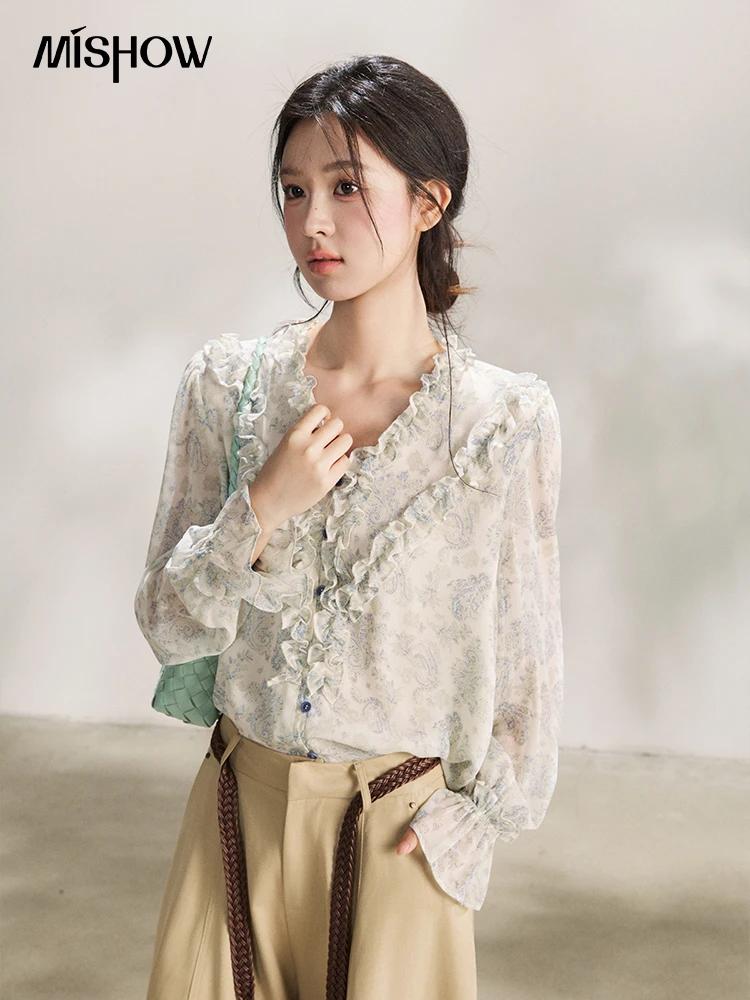 MISHOW – chemisier à volants pour femmes, bleu clair, imprimé Paisley, col en v, manches longues, en