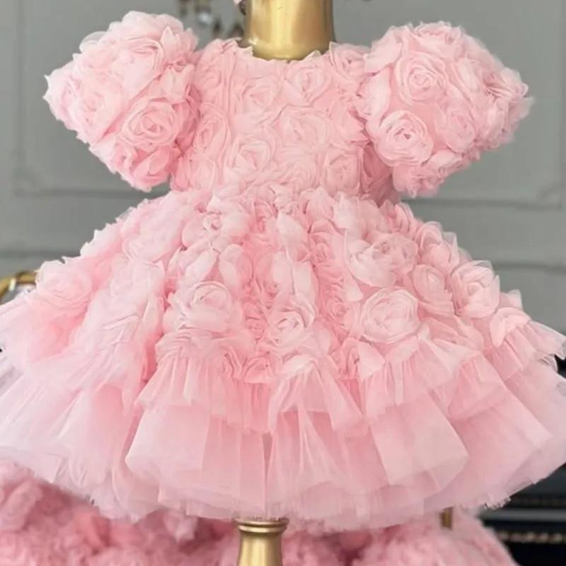 Robe Tutu princesse pour petites filles de 2 à 14 ans, motif floral 3D, Rose, pour fête de mariage,