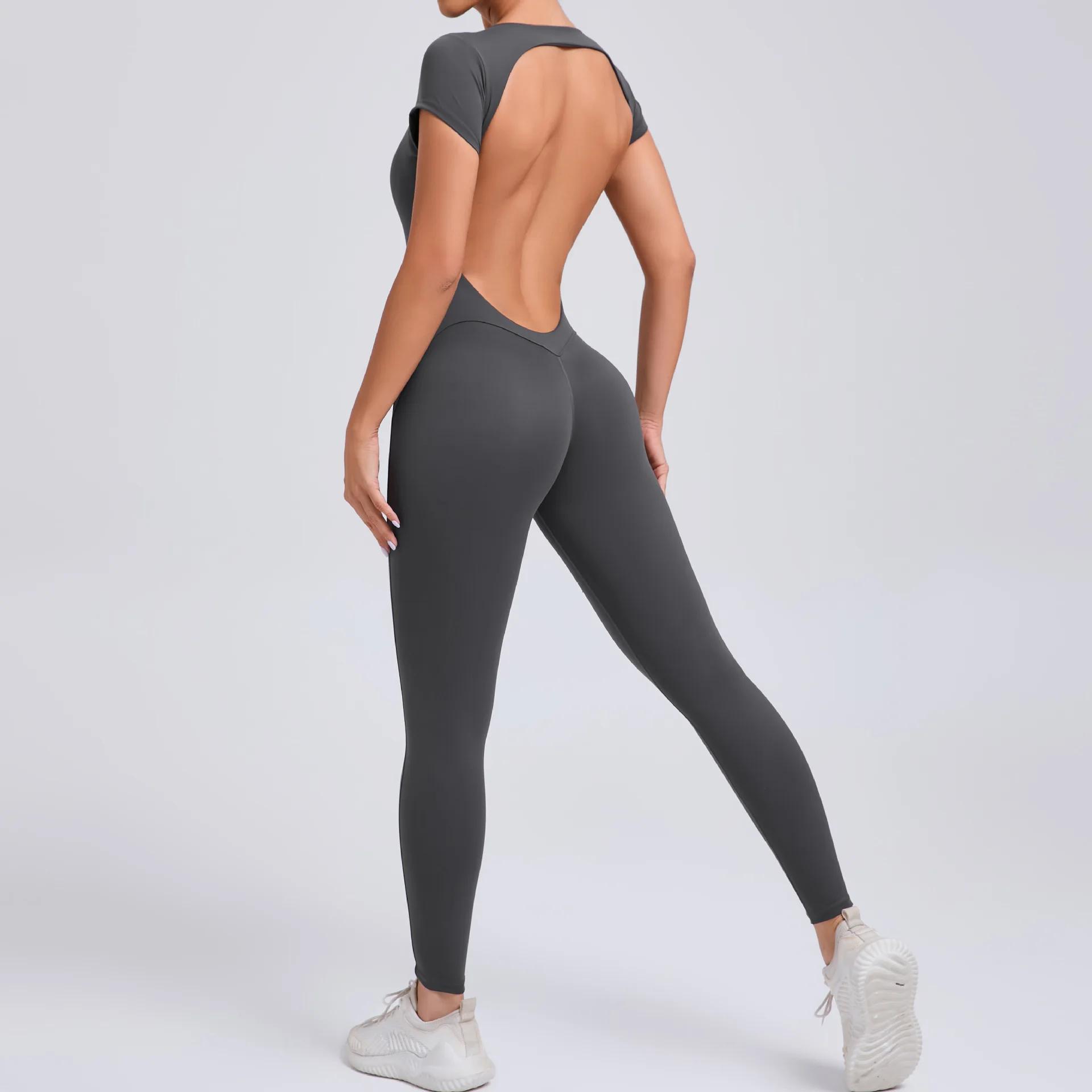 Combinaison de Yoga une pièce pour femmes, manches courtes, dos ouvert, Slim Fit, tenue de sport, co